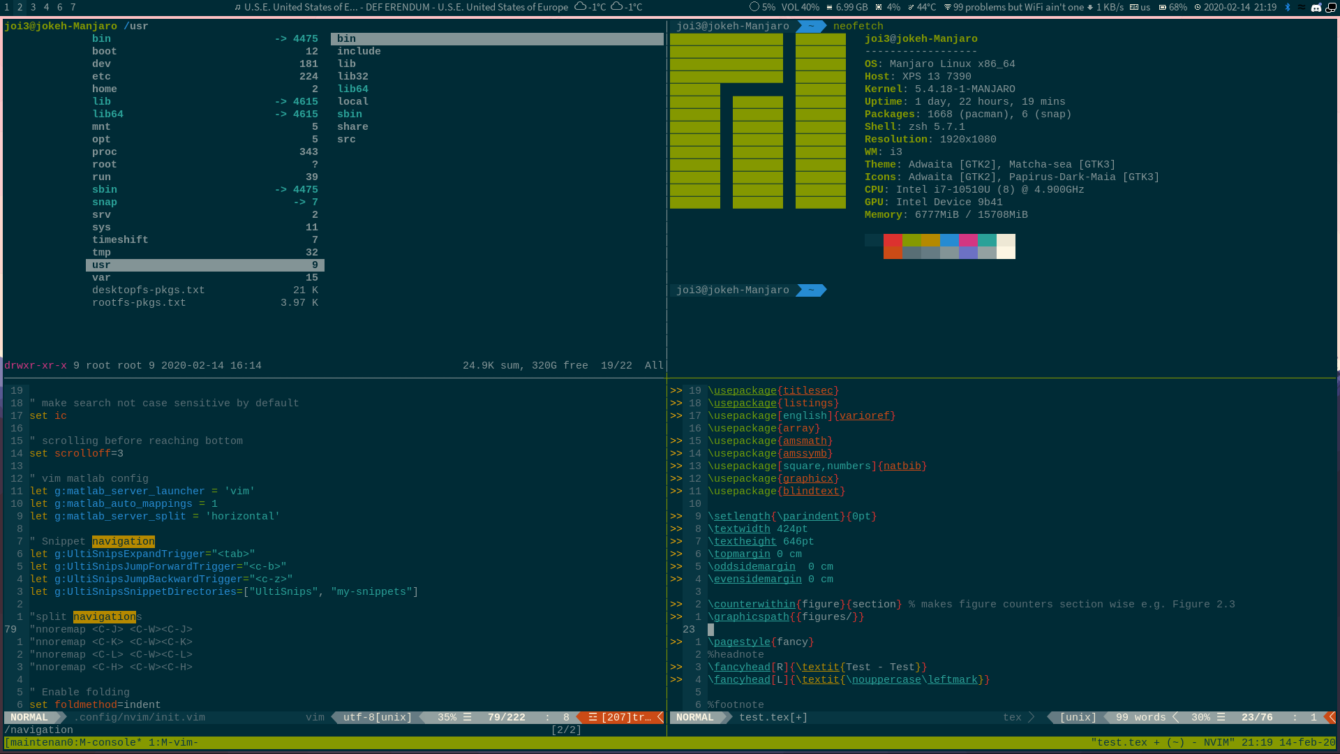 My current setup. (Manjaro Linux, i3wm, solarized)